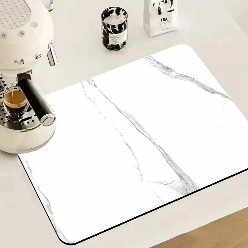 VIKAMA White Marble Coffee Bar Mat Super Absorbent Non Slip Waterproof Pad For Coffee Machine Kitchen Counter Decor