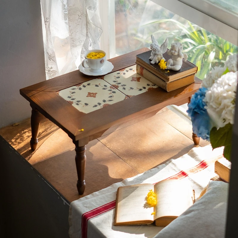 Solid wood wabi-sabi wind bay window small tea table tatami pastoral style solid wood low table hotel bed and breakfast balcony