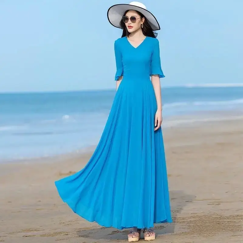 Spring Summer New Chiffon Solid Beach Skirt Long Sleeve V Neck Loose Plus Size Ladies Dresses Temperament Elegant Women Clothing