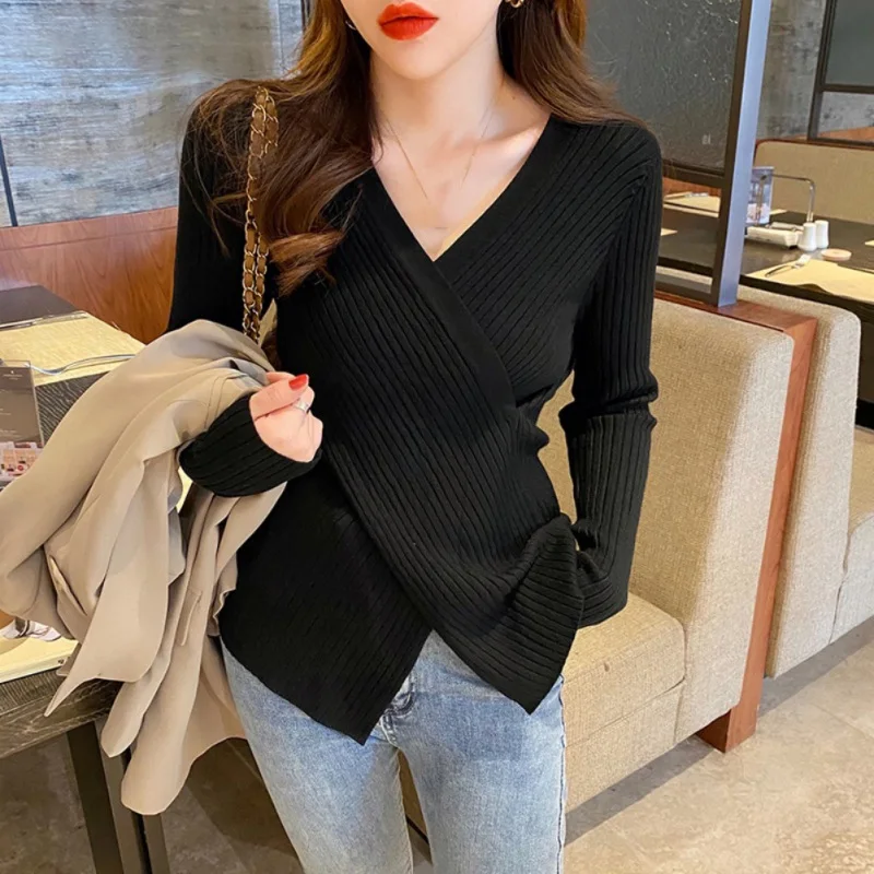 Autumn Winter Knitwear V-neck Tops Women Pullover Cross Asymmetrical Sweaters Female Long Sleeve Skinny Elastic Casual Shirts