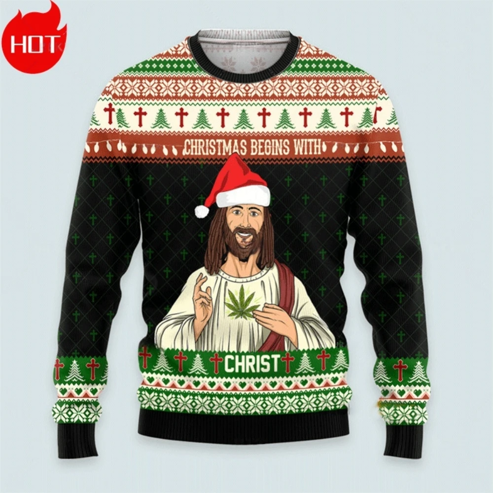 عيد الميلاد سانتا كلوز يسوع Animeweatshirt الرجال الرجعية طويلة الأكمام Sugly ثلاثية الأبعاد طباعة Harajuku س الرقبة ملابس رجالية المتضخم عادية