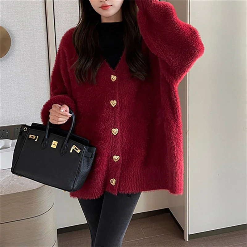 

Женский осенне-зимний новый наряд из искусственного меха норки, однотонный свитер, верхняя одежда, ленивый элитный вязаный кардиган свободного покроя, пальто