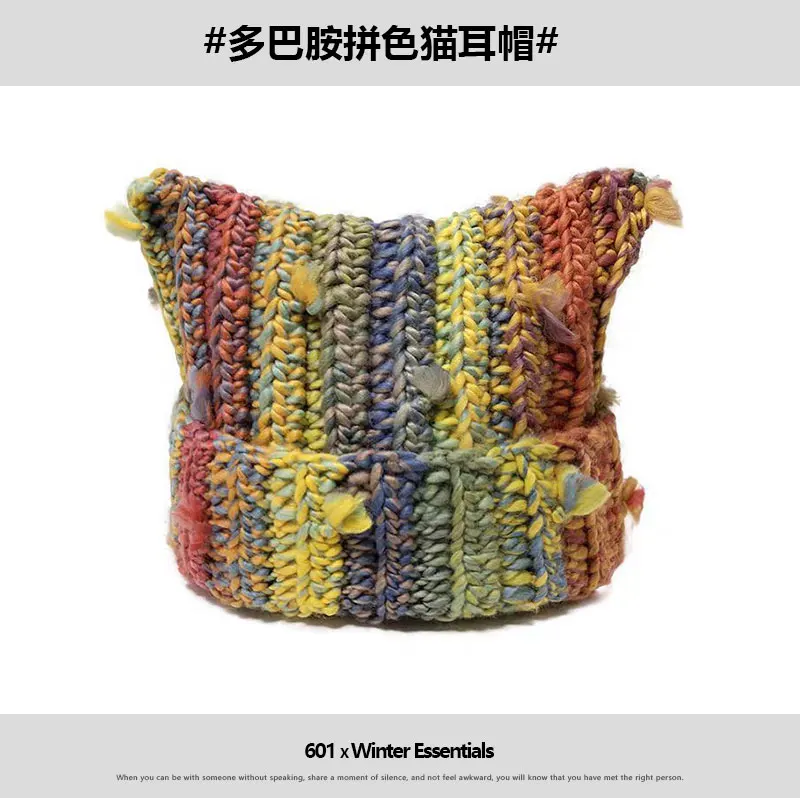 Japanese Sweet Cute Cat Ears Mixed Color Fringed Handmade Wool Hat Women Winter Warm Ear Protection Plush Knitted Beanie Hat — zdjęcie 3