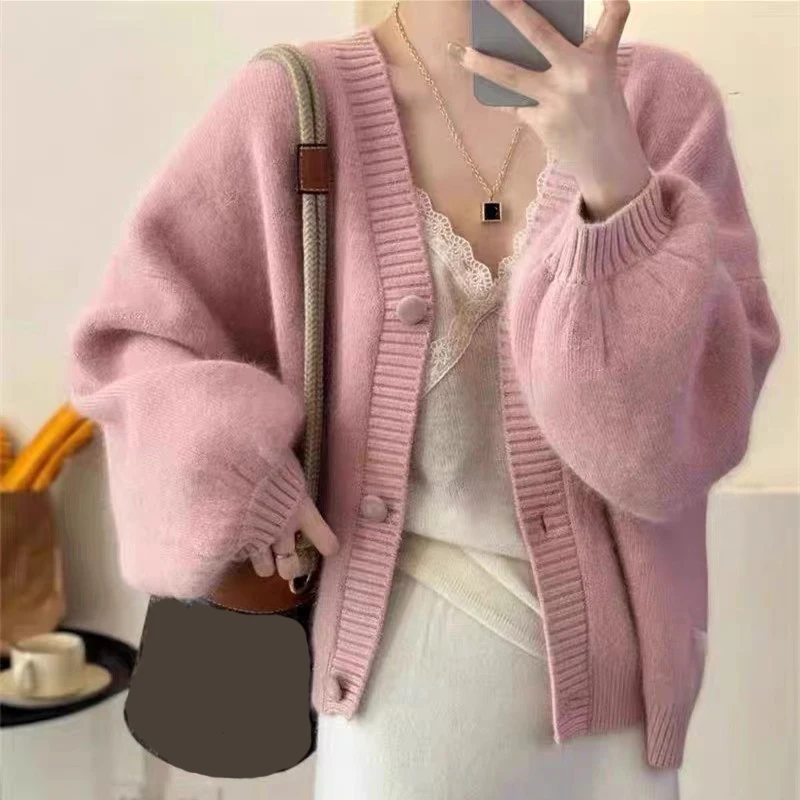 

Корейские вязаные кардиганы с воздушными шариками и рукавами, женские шикарные однобортные свитера с v-образным вырезом, пальто, женские свободные однотонные теплые кардиганы