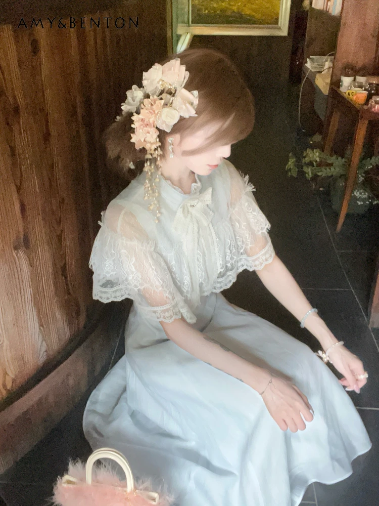 

Элегантное платье принцессы с милым бантом и кружевной накидкой с коротким рукавом, облегающее платье средней длины для женщин, милые платья трапециевидной формы для девочек, летние