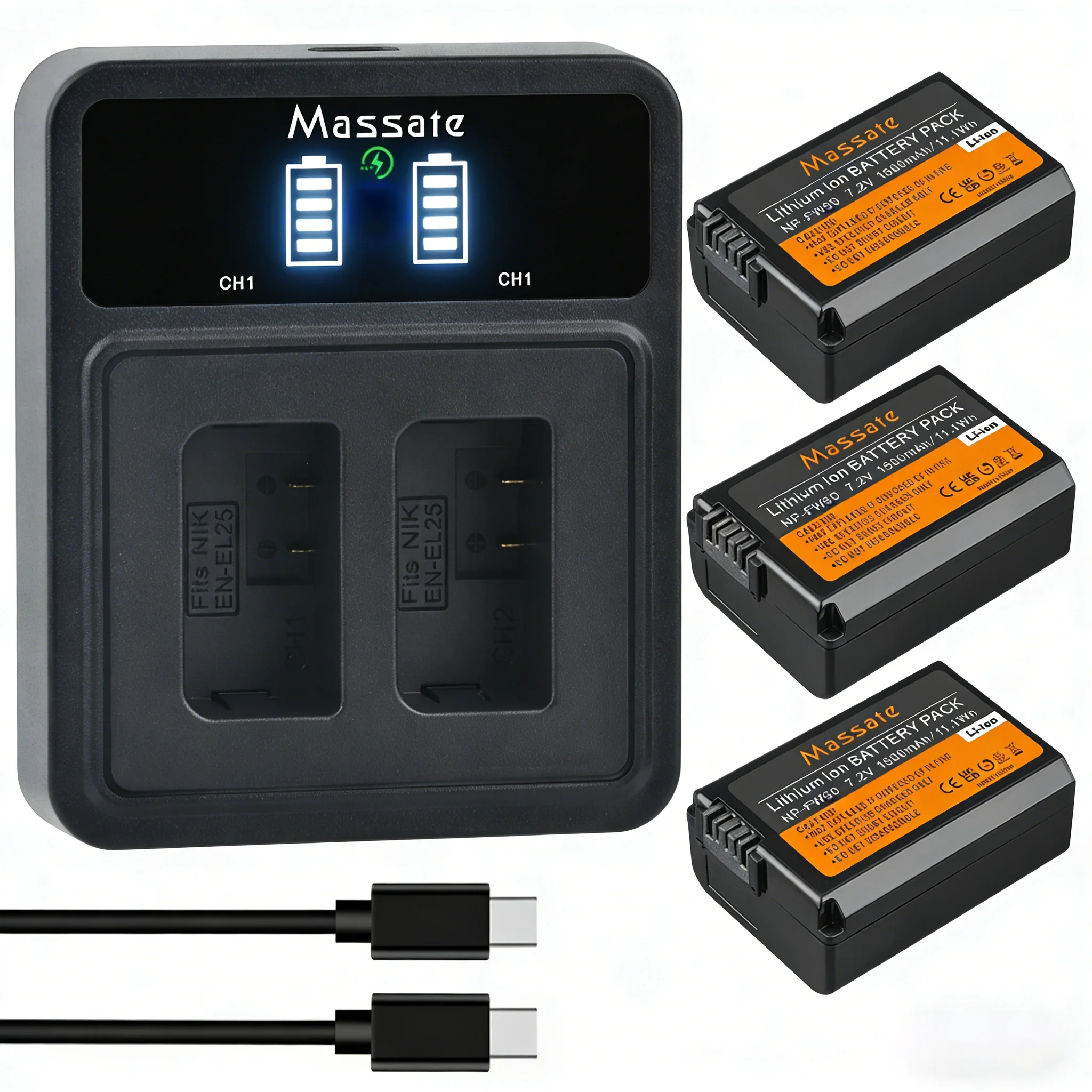 

Massate NP-FW50 NP FW50 NPFW50 Battery +Dual USB Charger for Sony A6000 A6300 A6400 A6500 A7R II A7S II RX10 III NEX-7 NEX-5N