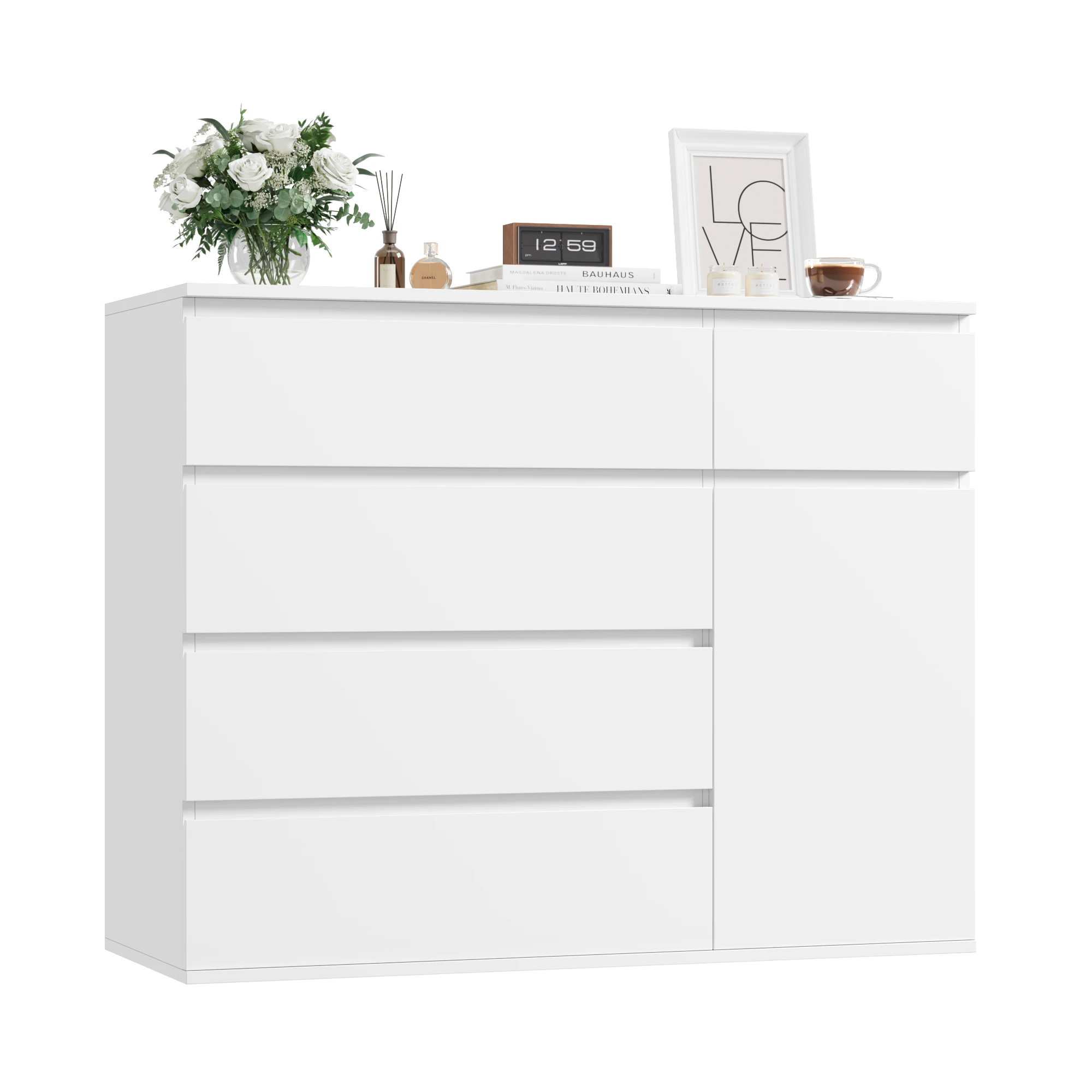 Getone Witte Ladekast Slaapkamer, Hoge Ladekast met 5 Laden 1 Deur, Slaapkamermeubilair Dressoir Opbergkast Kast Slaapkamer Dressoir, voor Eetkamer Woonkamer Hal 100x80x40cm Wit/Zwart