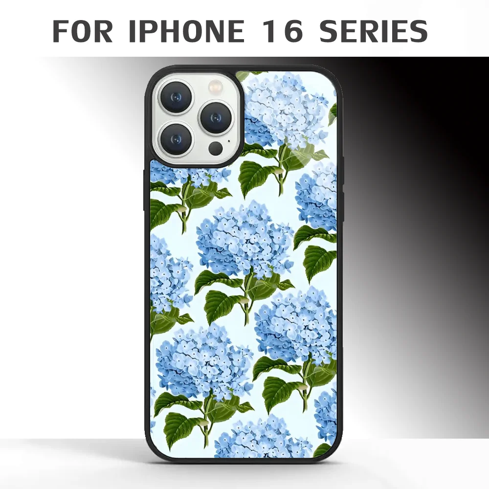 Blue Hydrangea Print Floral Print Phone Case For IPhone 16 16pro 16plus 16promax Pro Plus Max Mirror Acrylic PC TPU Cover