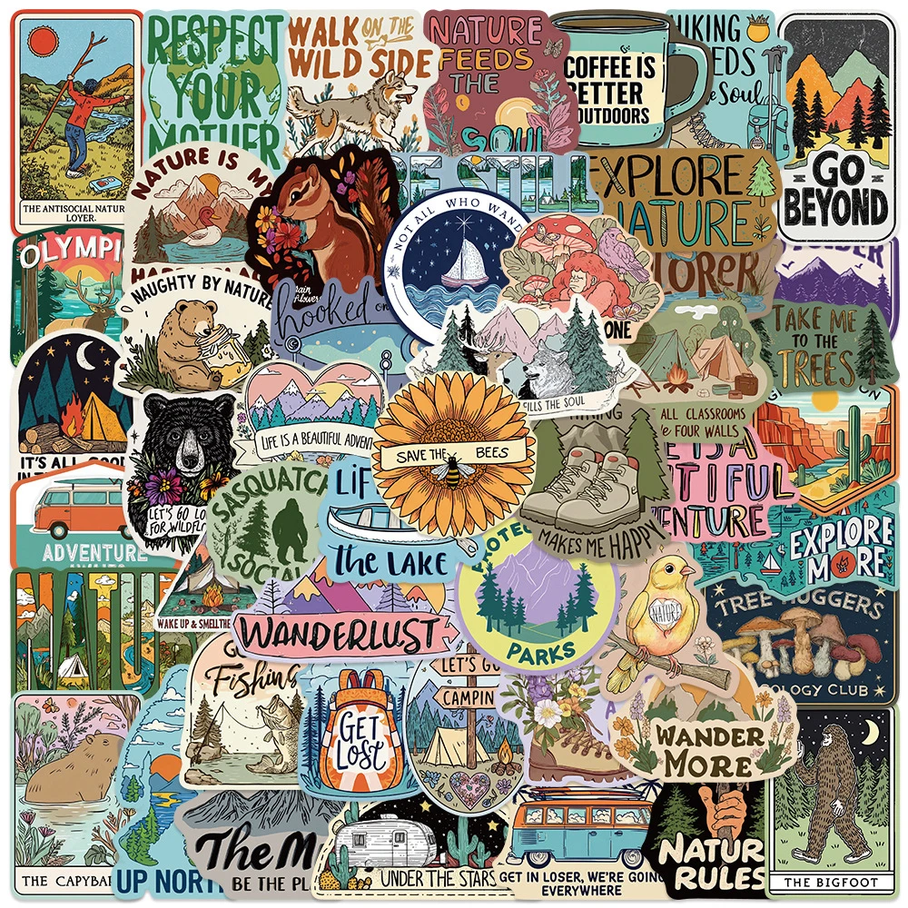

10/30/50pcs Wilderness Natural Rules Cartoon Stickers Hiking Camping Travel Sticker Skateboard Helmet Phone Graffiti Decals Pack