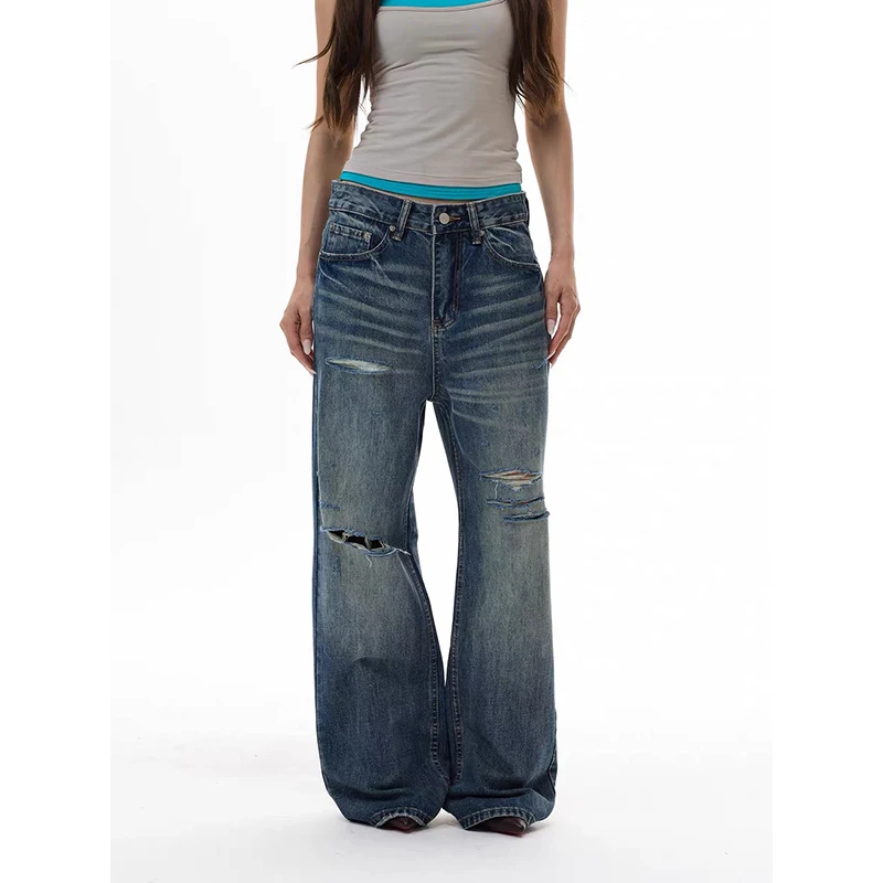 YIBASHU Women Baggy Jean Ripped Denim Pants American Retro Y2k Washed Designer Wide Fit Cowboy Japanese Harajuku Long Trousers