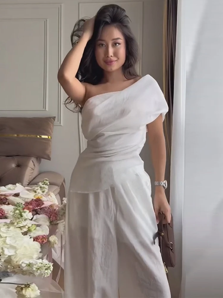 Damen-Hosenanzug 2-teilig Einschultriges Top mit Taillenschnürung Unregelmäßiger Saum Hochgeschnittene Laternenhose Schickes Damen-Outfit Neu – Detail 7