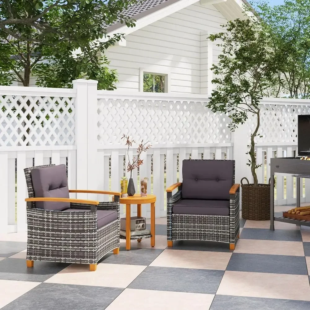 Gray Wicker Outdoor Bistro Set with Acacia Wood Coffee Table and Chairs for Patio, Balcony, Garden