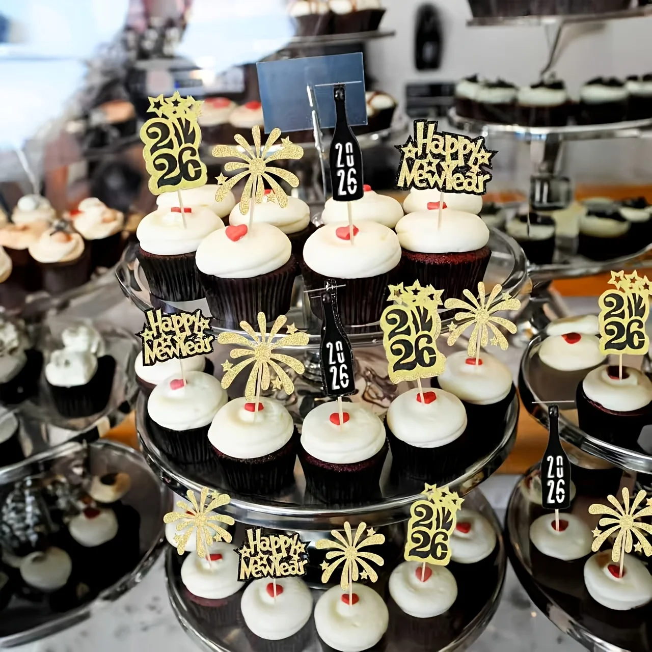 12 Stück Frohes Neues Jahr Cupcake Topper Prost 2026 Digitale Feier Kuchen Dekor Frohes Neues Jahr Kuchen Topper für festliche Dekore