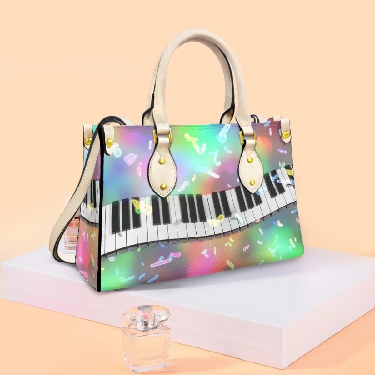 Colorful Piano Notes Printing PU Leather Messenger Bag Outdoor Trendy Tote Bags Music Style Top-handle Handbag Carteras Mujer