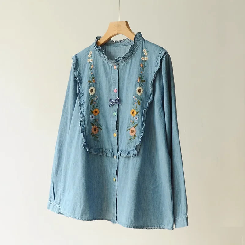 Mori girl autumn ruffled stand collar long sleeve tops flowers embroider denim shirts blouses korean style women\'s clothing