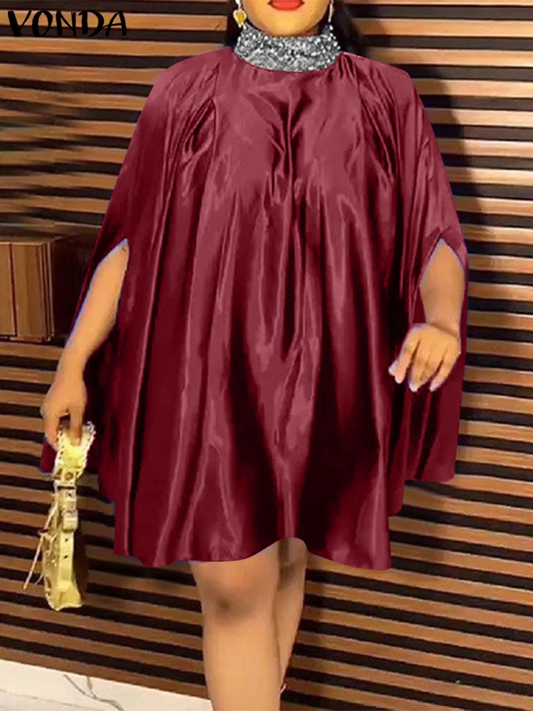 Plus Size VONDA Women Knee-Length Dress 2025 Elegant Vestidos Casual Loose High Neck Sundress Oversized Solid Robe Femme