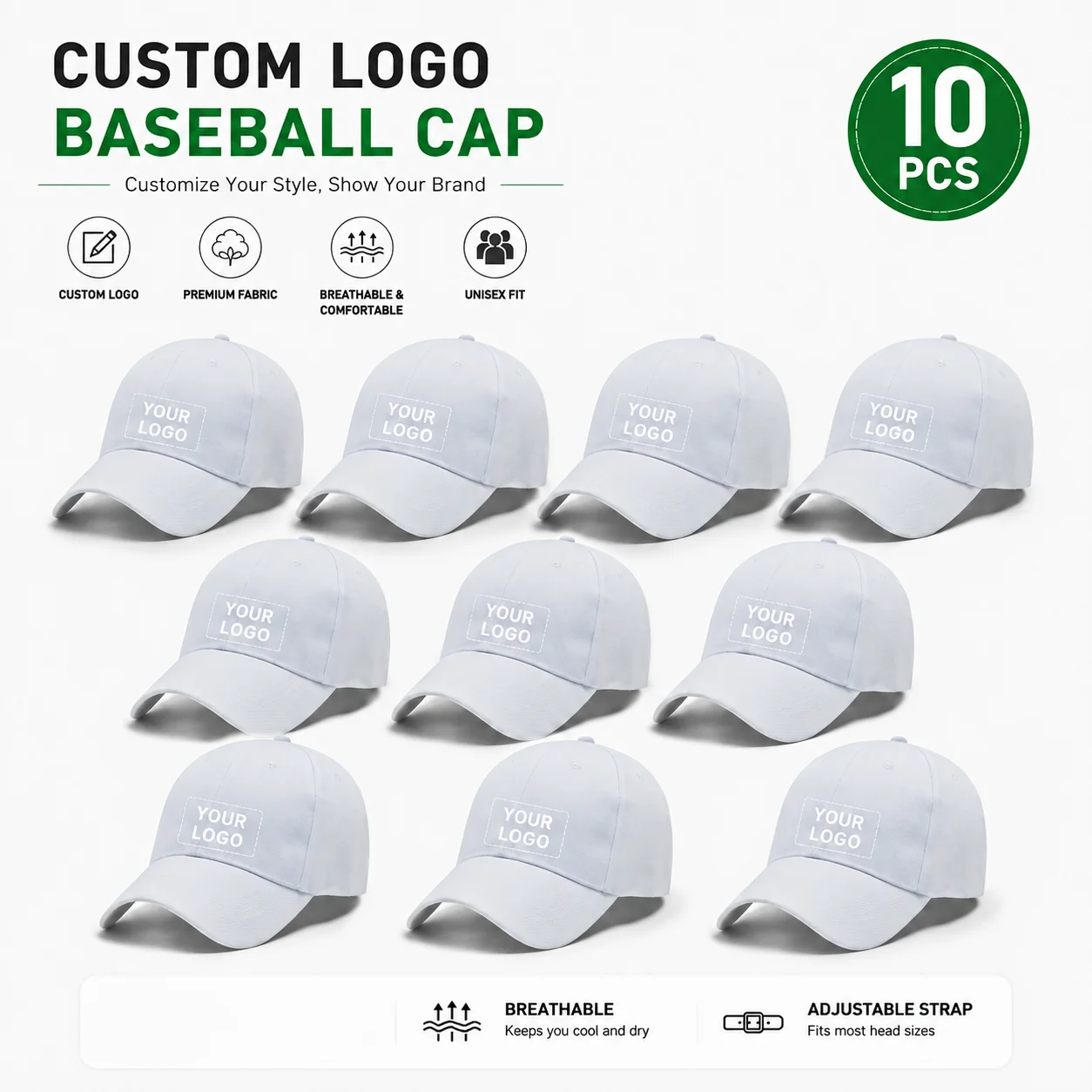 10pcs Custom Baseball Cap - Adjustable, Lightweight Polyester Hat Suitable for Both Men And Women - Personalize with Your Text