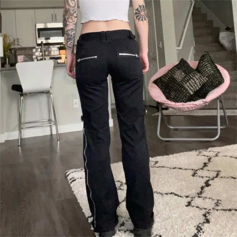 Retro Straight Jeans for Women, Aesthetic Dark Goth Pants, Vintage Y2K Style Streetwear, Casual Denim Trousers, Punk Style