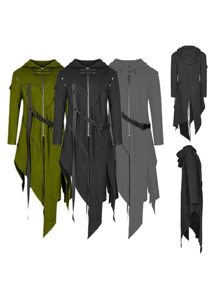 

Vintage Halloween Medieval Steampunk Assassin Elves Pirate Costume Adult Men Black Long Split Jacket Gothic Armor Leather Coats