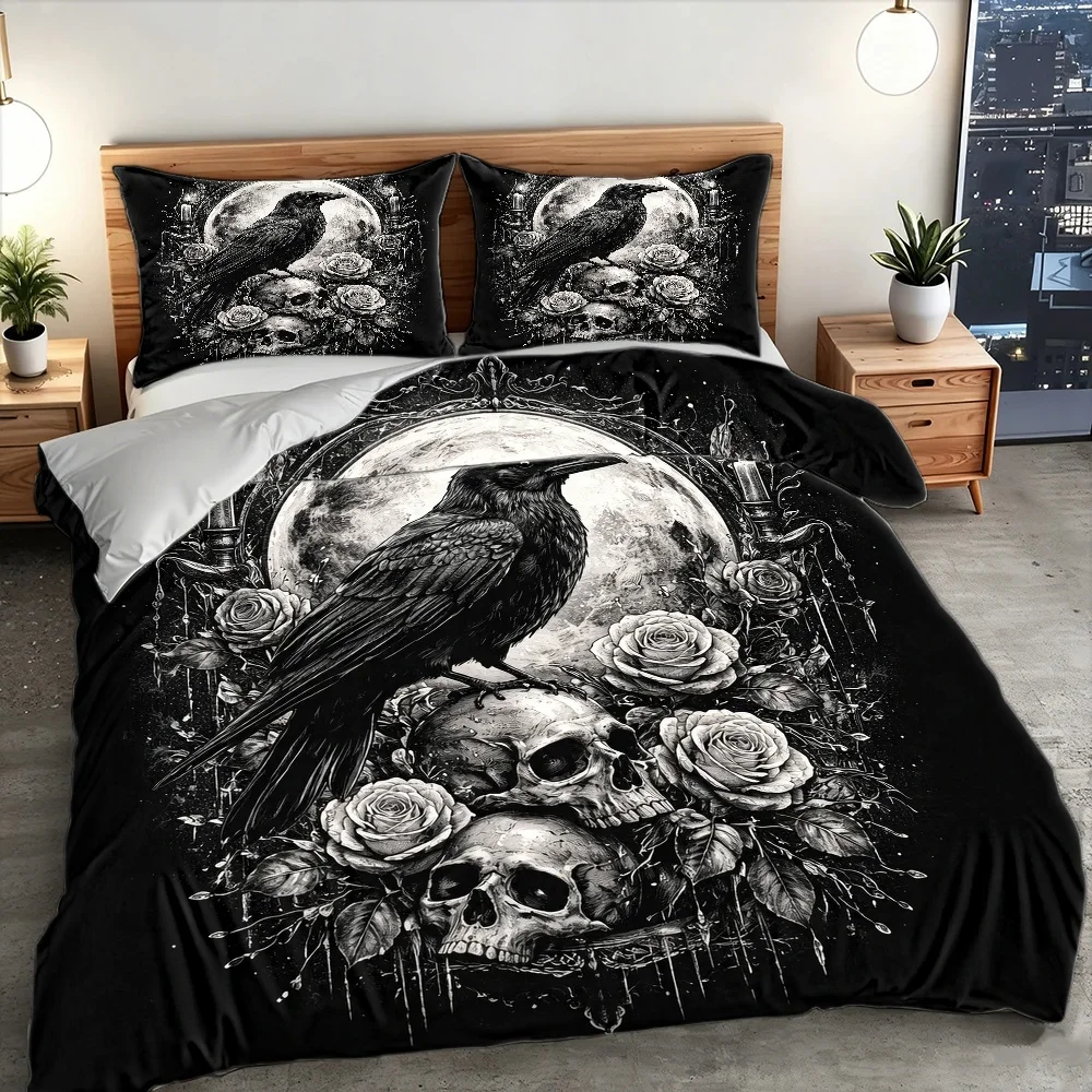 3Pc Gothic Duvet Cover Set Raven Skull Rose Print Bedding Set with Invisible Zipper Machine Washable for Bedroom Dormitory