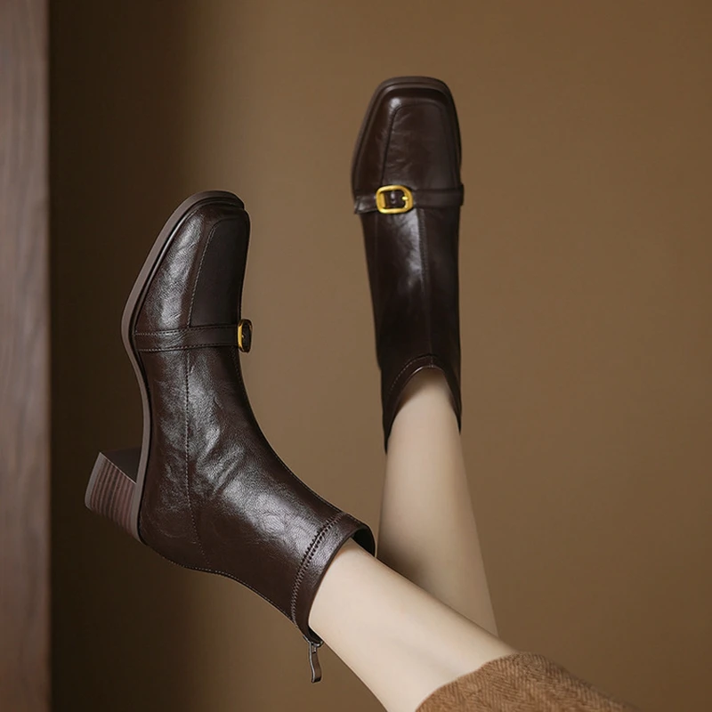 

Women's new square metal belt buckle retro high heels handmade oversized zipper and calf short boots fashion boots