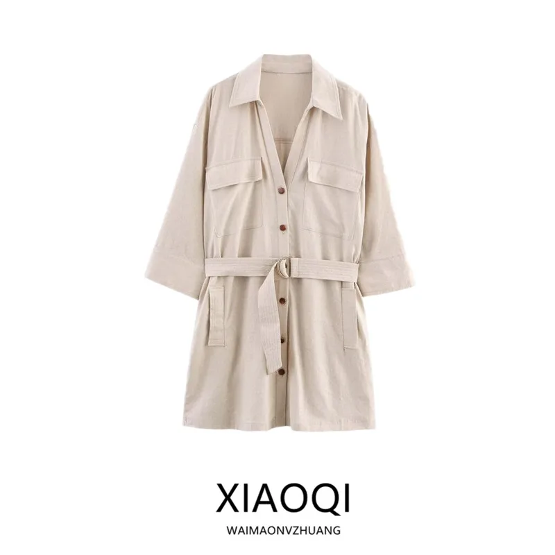 2025年夏新作 レディースファッション リネン混 ミニワンピース ベルト付き 多様なコーディネート 380939 通勤スタイル シングルピース