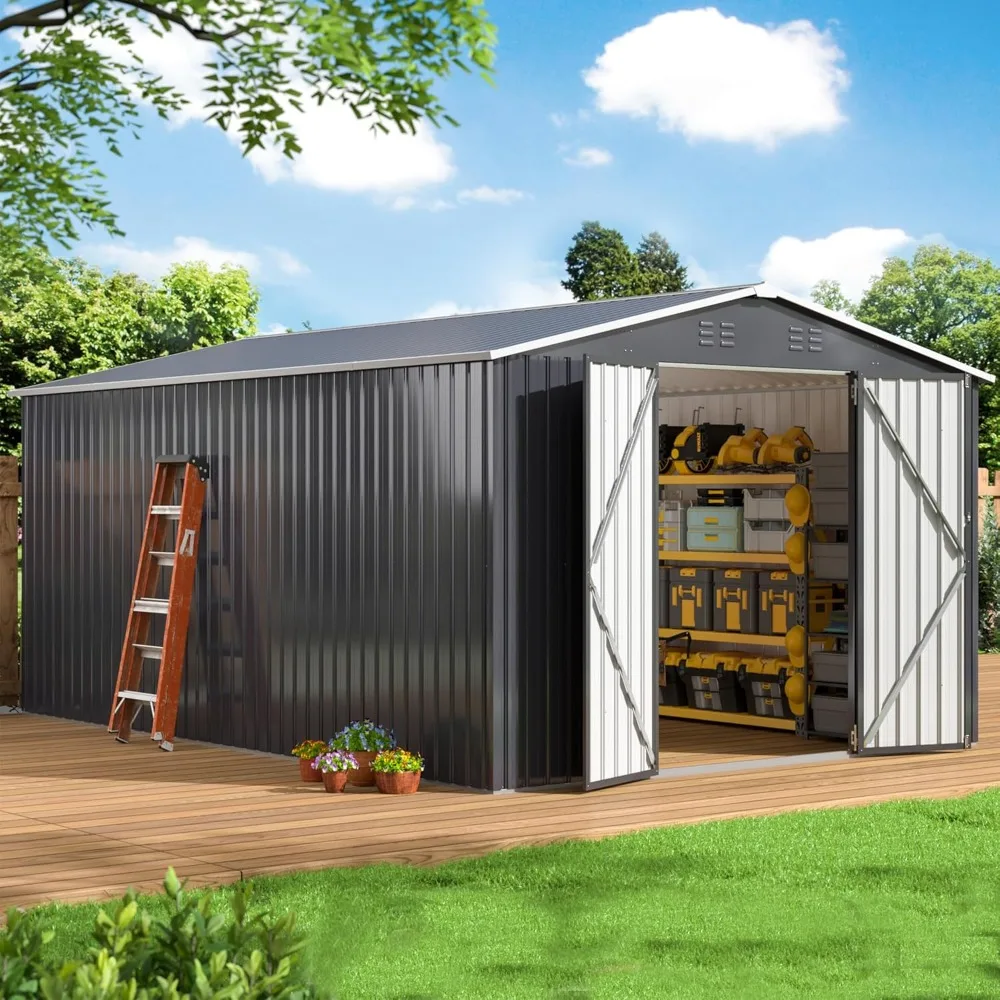 

10x14 FT Outdoor Storage Shed, Metal Shed with Updated Frame Structure and Lockable Doors, Large Steel Yard Shed