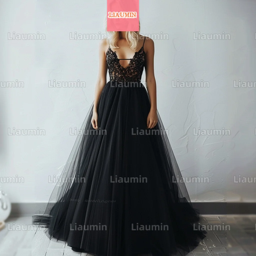 Custom Black Tulle With Lace Applique Spaghetti Strap Lace Up Back Evening Prom Dresses Full Length Formal Clothing W17-1.18