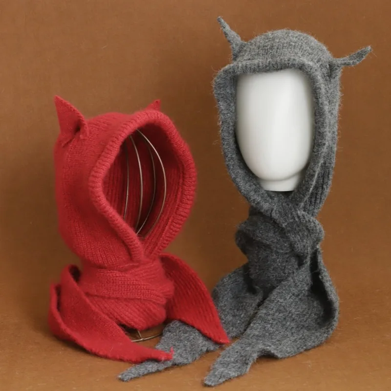 Autumn and Winter Y2k Little Devil Versatile Pullover Knitted Hat Korean Hat Scarf Integrated Warm Ear Protection Beanie Caps