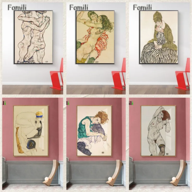 Modern Egon Schiele Body Color Delineation Sketch Wall Art Poster Canvas Painting for Room Office School Decoration Stuff Home