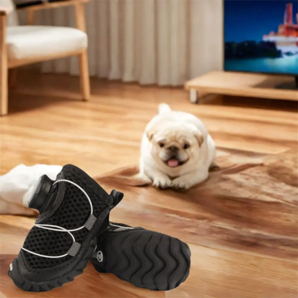 4pcs/set Breathable Dog Mesh Shoes Reflective Anti-slip Dog Footwear Adjustable Soft Sole Dog Sneakers Summer Season