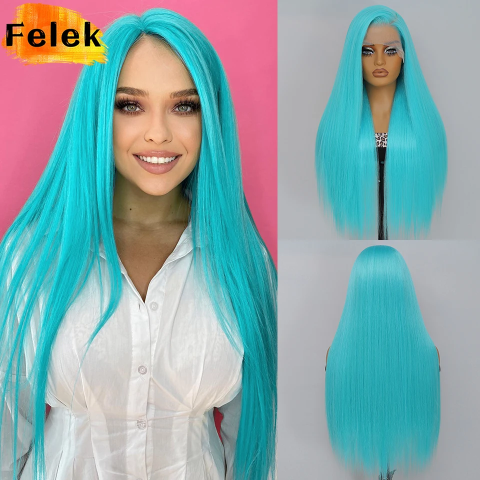 

13x6 Blue Synthetic Lace Front Wig for Women 30Inch Long Silky Straight Wigs High Quality Black Brown Easy Wear Cosplay Afro Wig
