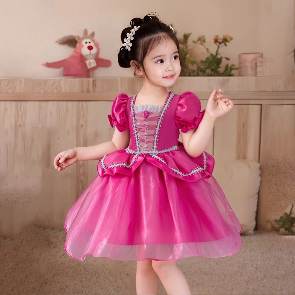 

Girls Cosplay Party Dress Rose Pink Princess Dress Kids Sleeping Beauty Puff Sleeve Skirt Birthday Evening Tulle Flash Costumes