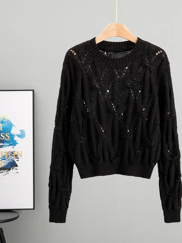 Damski sweter z dzianiny, nowość na jesień 2025, okrągły dekolt, długi rękaw, casualowy, dopasowany krój, ażurowy wzór, styl do pracy.