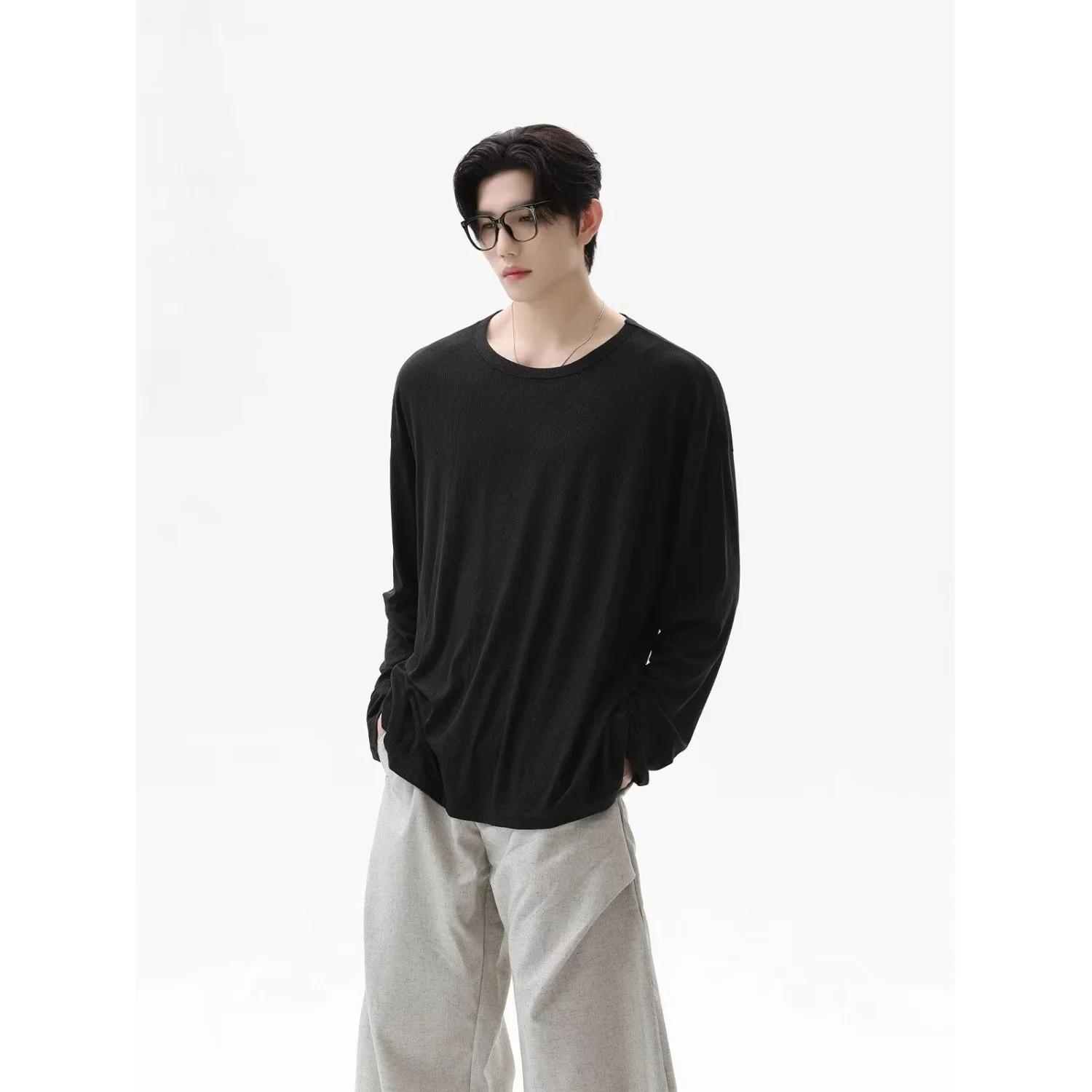 Autumn New Texture Long Sleeve T Shirt Loose Crew Neck Top Soft Skin Friendly Basic Tee Comfortable
