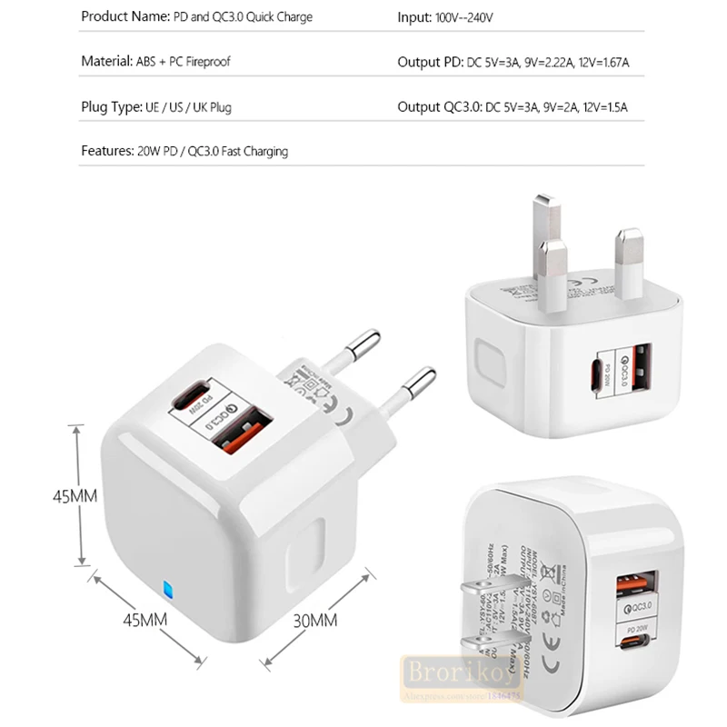 2 Ports QC3.0 Type C Charger PD 20W 40W Quick Charger USB-C Fast Charging Travel Wall Charger Power Adapter For iPhone 14Pro Max