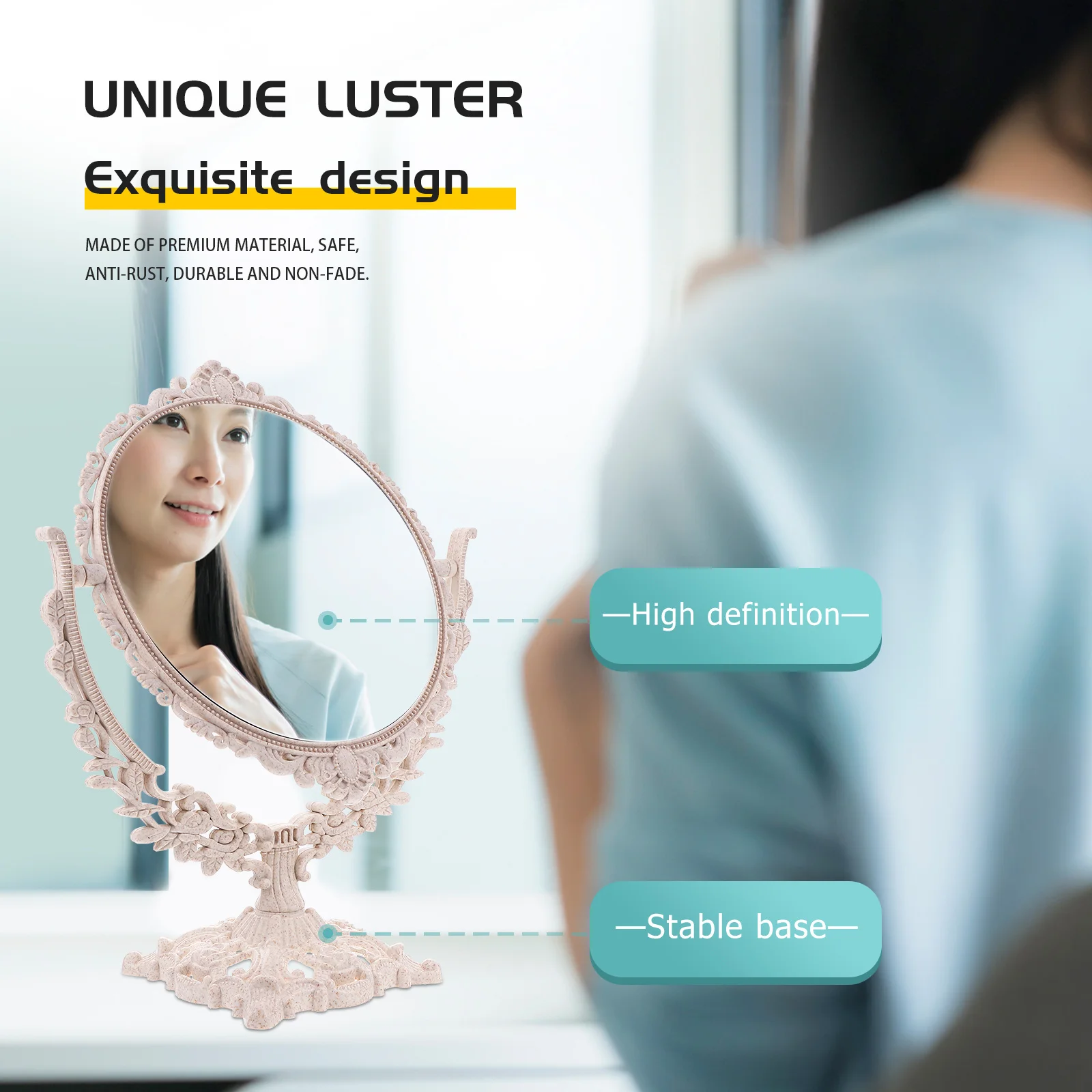 Miroir de maquillage Double face rond de Style européen rétro, miroir sur pied de bureau, Surface claire haute définition pour femmes