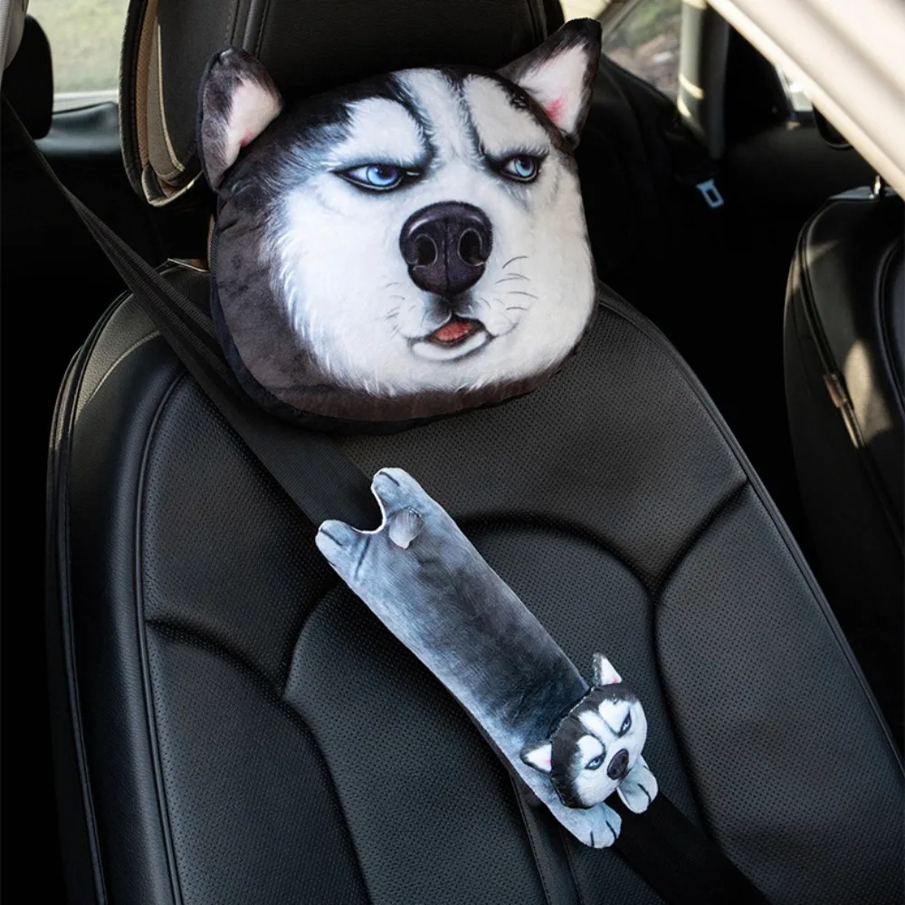 Car Pillow Shoulder Strap Cushion Siberian Husky Cat Cartoon Pattern Car Headrest  Soft Seat Belt Cover Auto Accessories