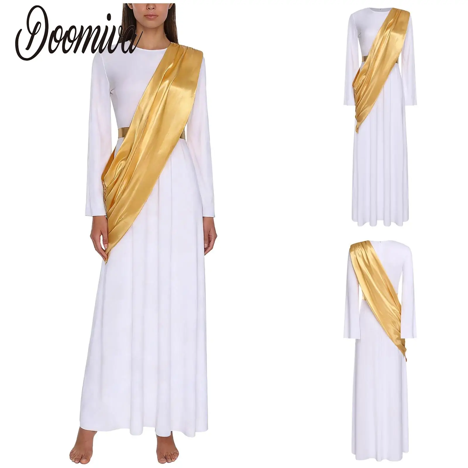 

Women Angel Cosplay Robe Dress Church Choir Costumes Long Sleeve Metallic Satiny Sash Dress for Halloween Nativity Themed Party