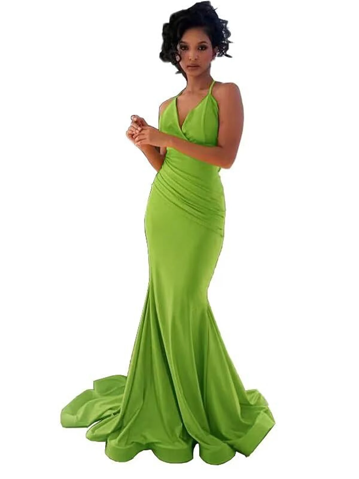 

Платья подружки невесты на тонких бретельках Платье русалки для выпускного вечера Длинное атласное плиссированное облегающее платье с v-образным вырезом Вечерние платья со шлейфом