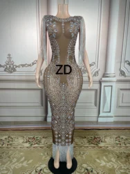 Sparkly Silver Rhinestone Fringe Transparent long Dress Birthday Celebrate Chain Shoulder Outfit Women Dancer Evening plus size