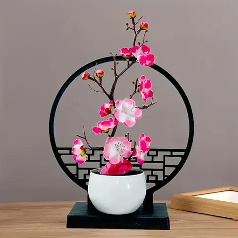 1set Chinese-Inspired Artificial Plum Blossom Bonsai with Screen Base - Versatile Tabletop Decor for Various Rooms, Ideal for