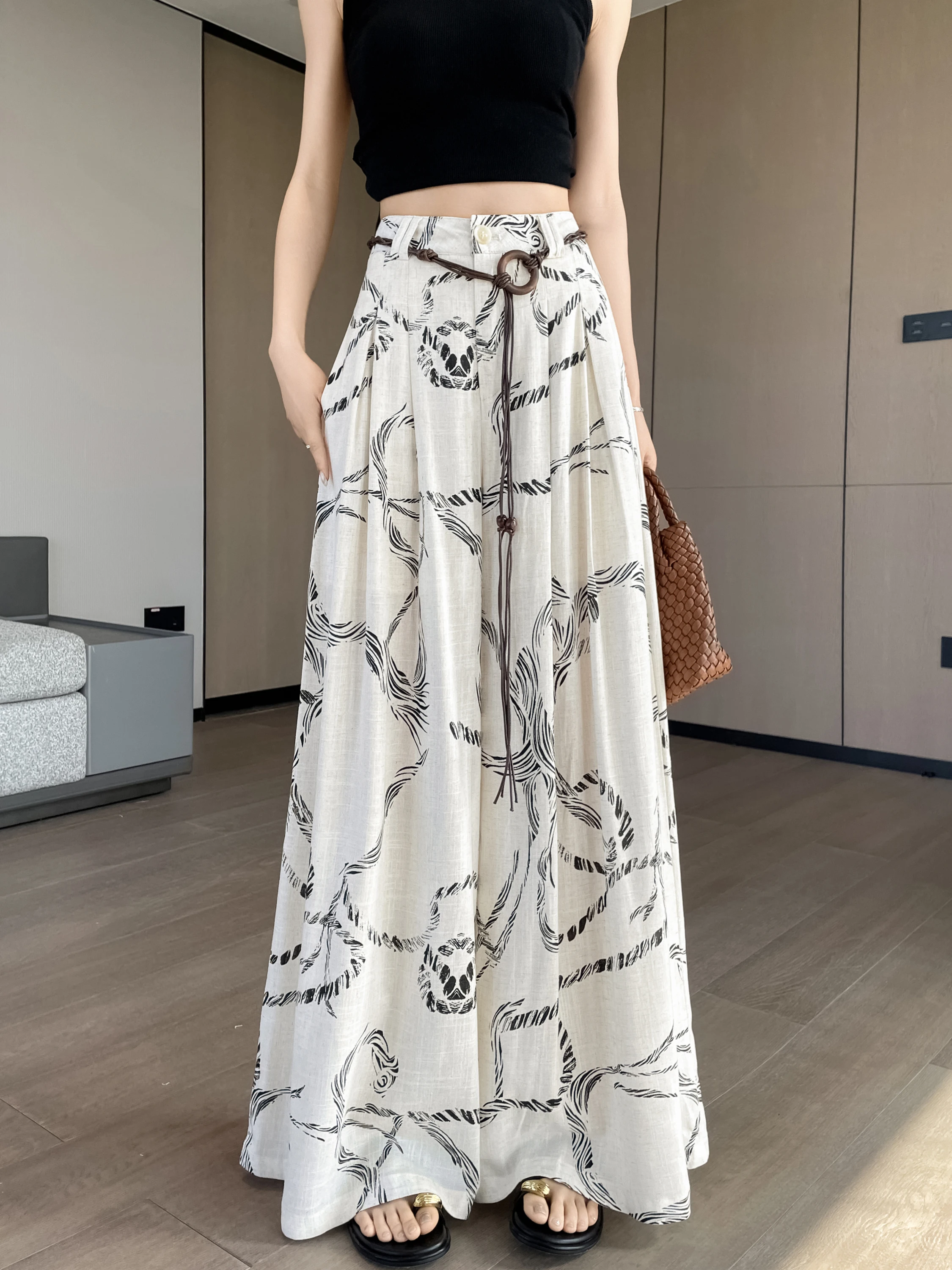 

Summer New Loose Slimming Casual Cotton Linen Print High Waist Wide Leg Pants Draped Thin Versatile Floor Length Trousers