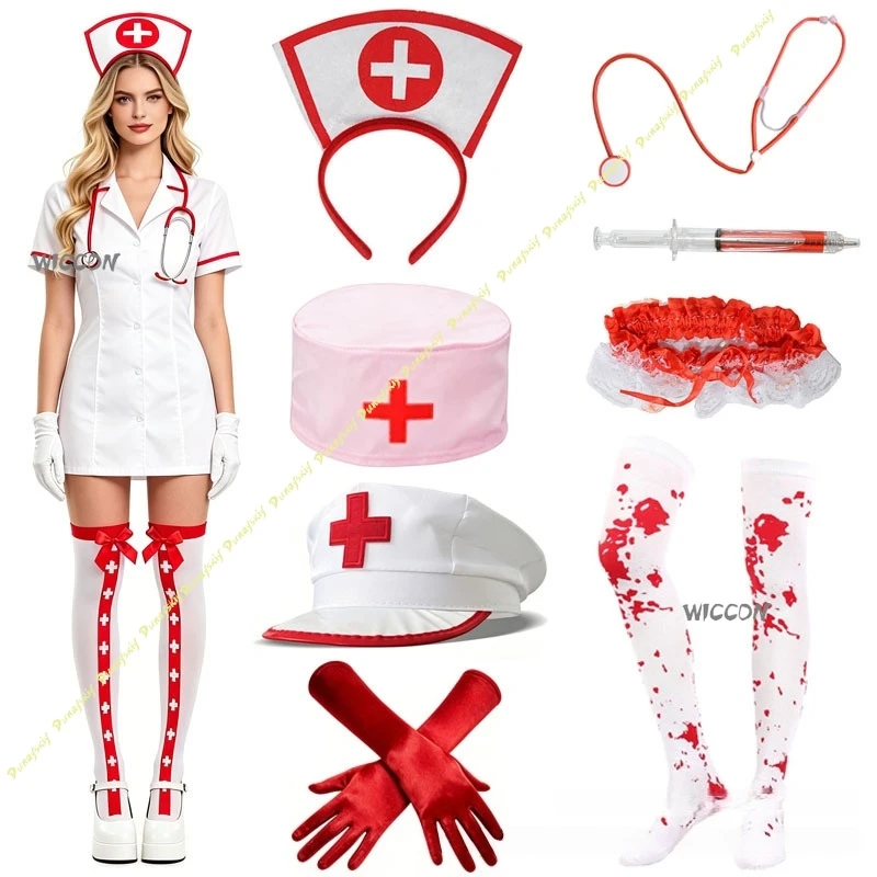 Damen Halloween Cosplay Krankenschwester Arzt Uniform Anzug Rollenspiel Kostüm Mode Bar Club Party Faschingskostüm Outfit