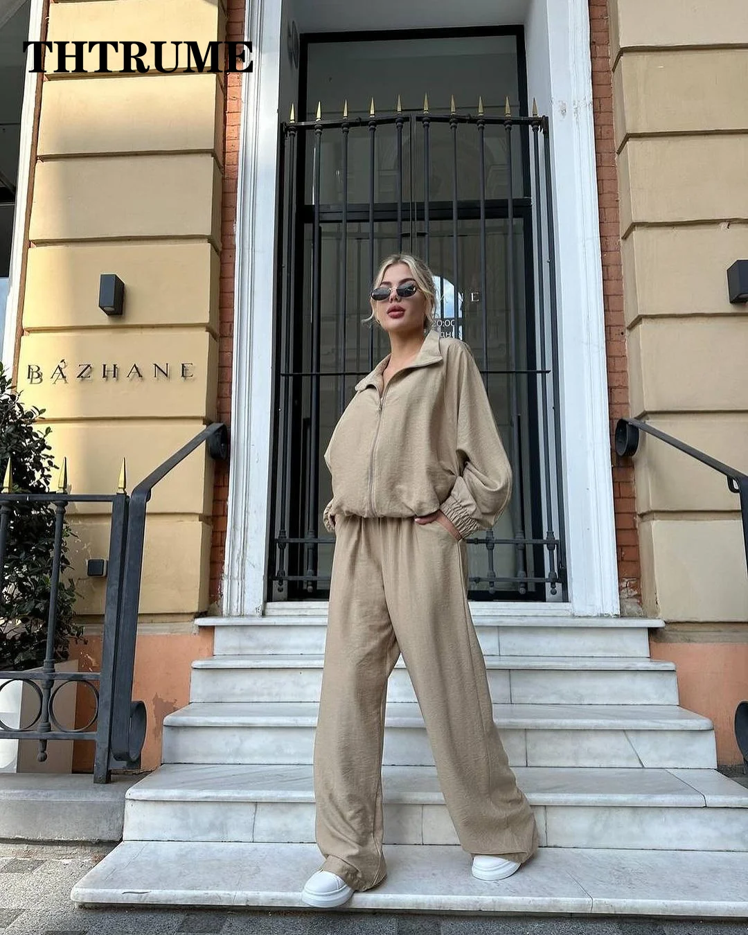 Elegant Women Chic Two Piece Sets Fashion Communte Lapel Zipper Shirts Loose Wide Leg Pants Suit Casual Streetwear Female Outfit