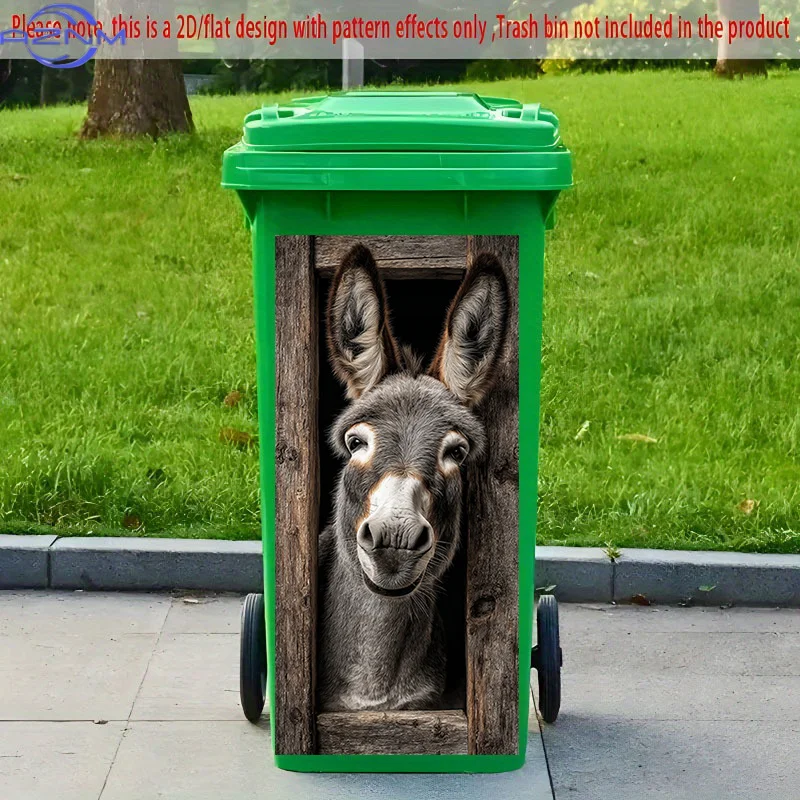 2D Flat Printing 1pc 2D Pattern Printed Kitchen Trash Can Sticker xcm Donkey Behind a Wooden Window Themed Kitchen Home Decor
