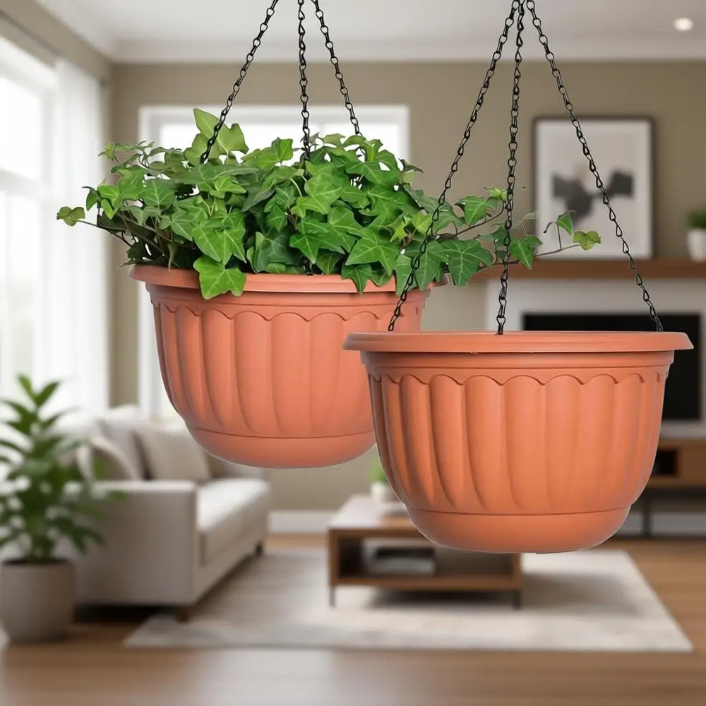 

Набор из 2 пластиковых подвесных кашпо 12 дюймов с дренажем и впитывающим поддоном для использования в помещении и на улице