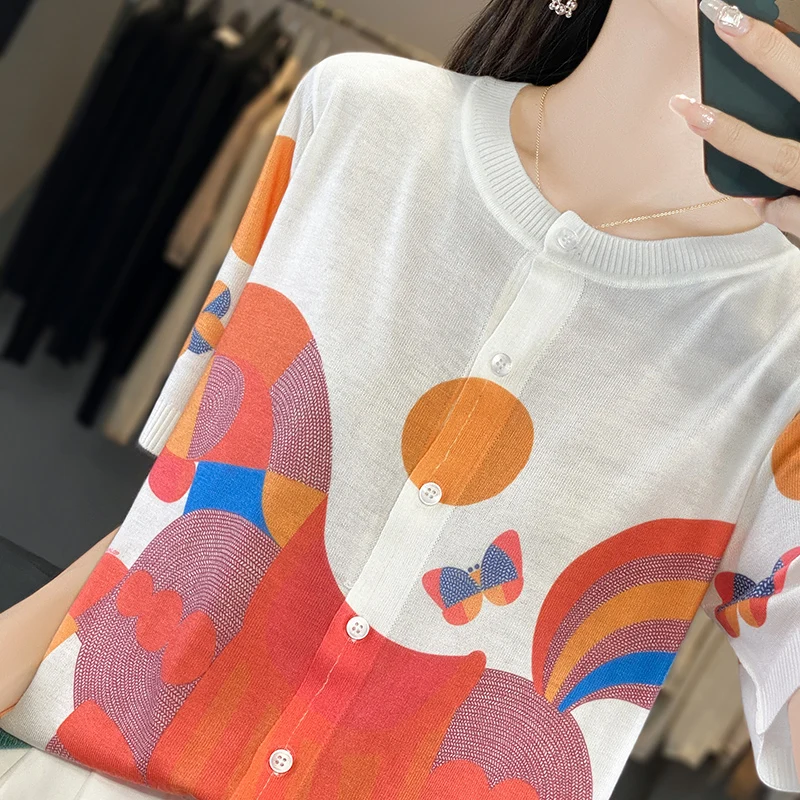 Summer New Worsted Thin Knit Cardigan Women\'s Short Sleeve Printing Fashion Bottoming Loose T-shirt Bottoming Sweater