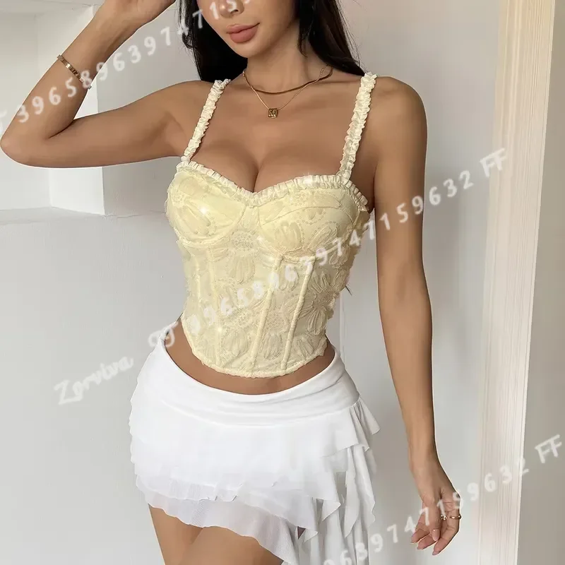 Apricot Lace Corset Bustier Top with Ruffled Straps Floral Pattern Back Lace Up for Party Events Gatherings Women Fashion