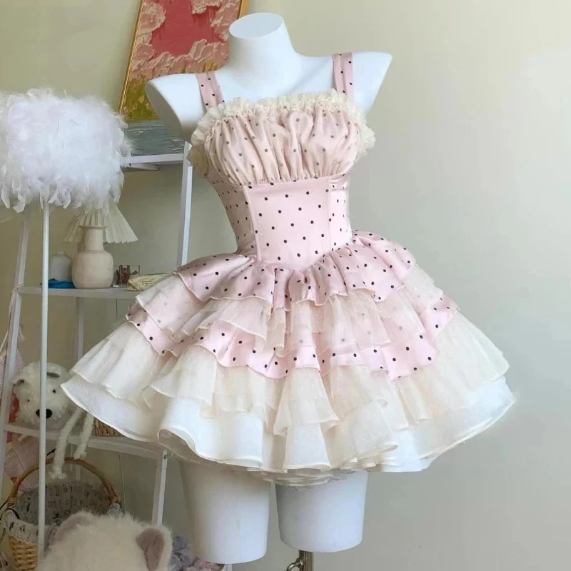 Sweet Women Cute Mesh Ruffles Wave Point Print Slim Dresses Elegant Lolita Princess Dress Harajuku Y2k Evening Party Mini Dress